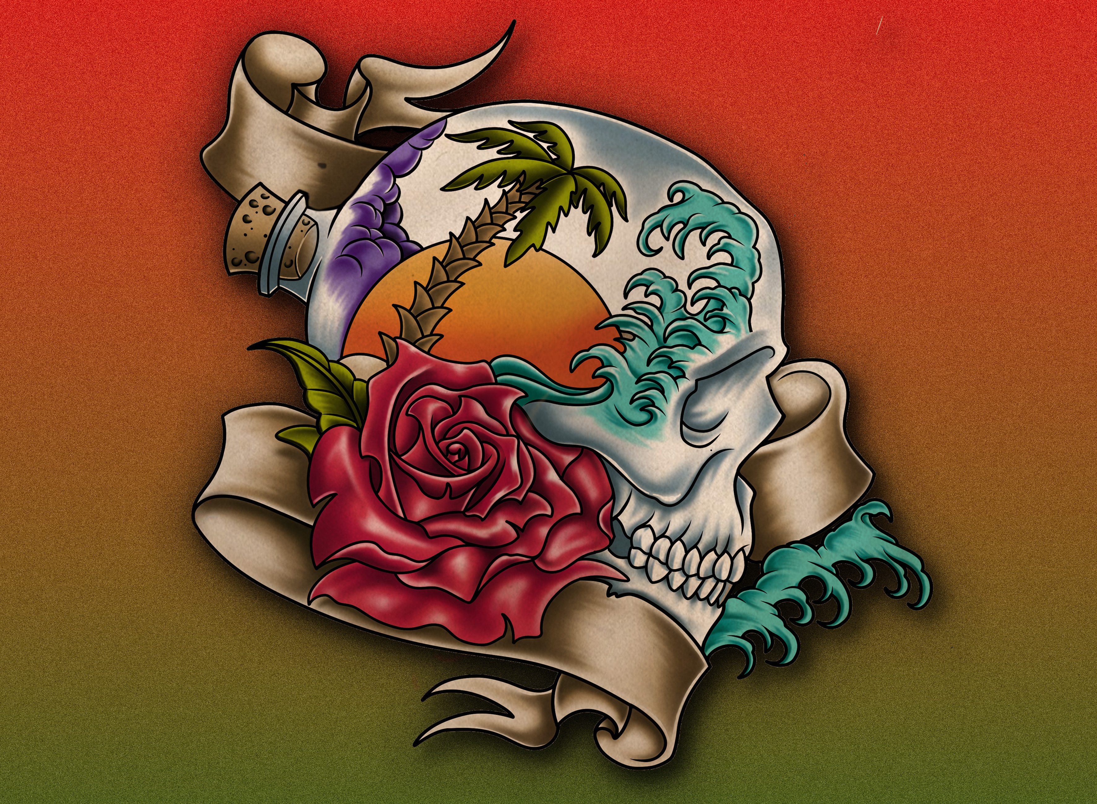 Old school skull and rose tattoo illustration
